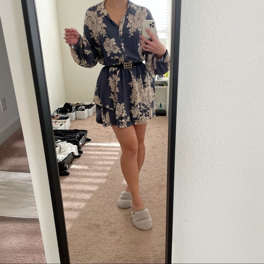 FREE PEOPLE Blue Floral Mini Long-Sleeve Dress S